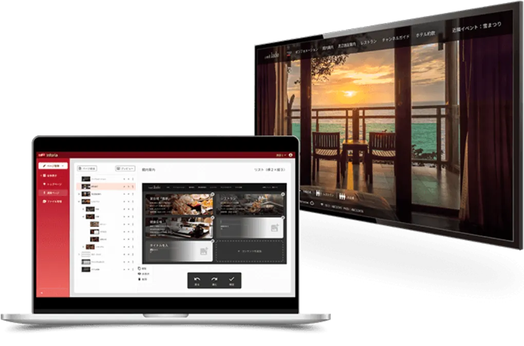 客室内のテレビやタブレットで案内表示や注文・予約ができるInforiaの利用イメージ