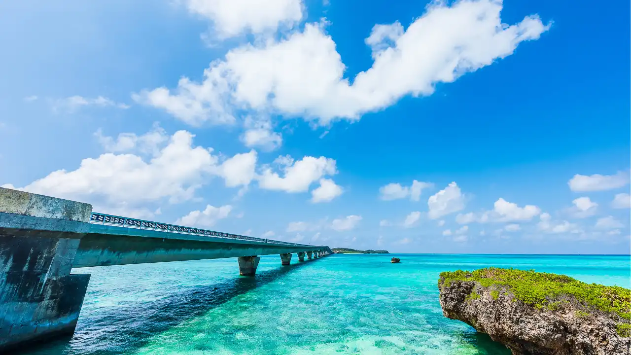 青い空に透き通った海の中に橋がかかっている写真の画像